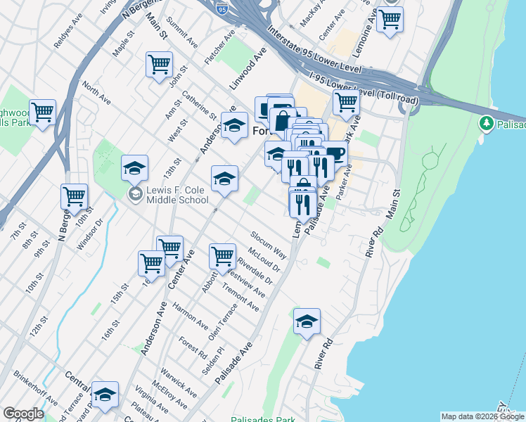 map of restaurants, bars, coffee shops, grocery stores, and more near 253 Tom Hunter Road in Fort Lee