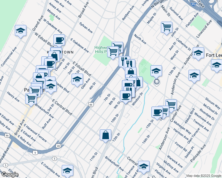 map of restaurants, bars, coffee shops, grocery stores, and more near 230 East Edsall Boulevard in Palisades Park