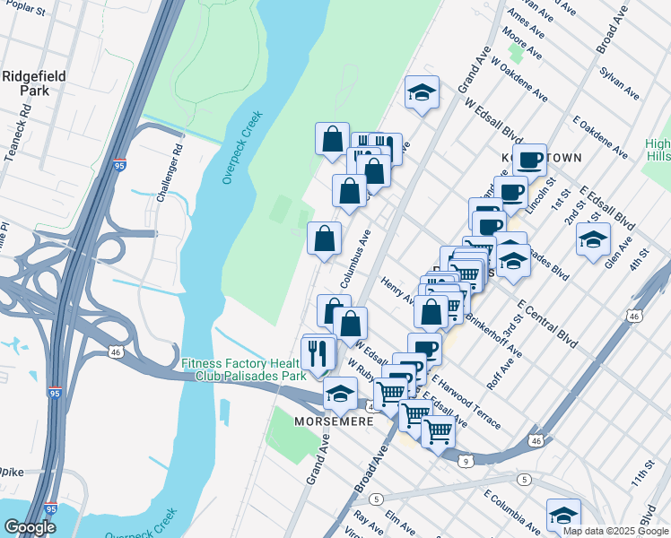 map of restaurants, bars, coffee shops, grocery stores, and more near 139 Columbus Avenue in Palisades Park