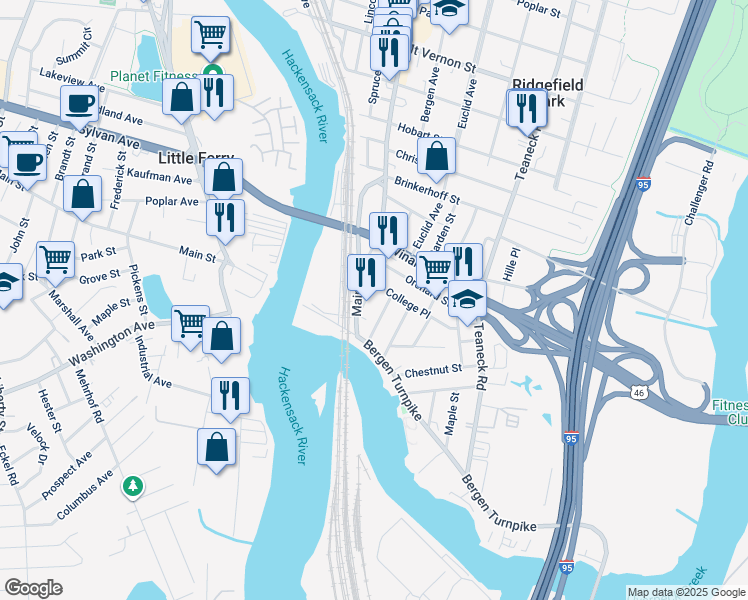 map of restaurants, bars, coffee shops, grocery stores, and more near 23 Ridgefield Avenue in Ridgefield Park