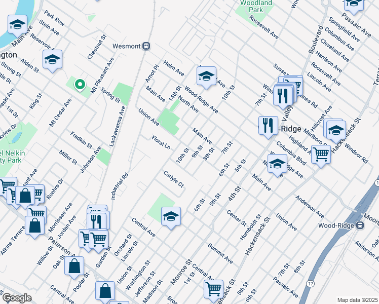 map of restaurants, bars, coffee shops, grocery stores, and more near 72 10th Street in Wood-Ridge