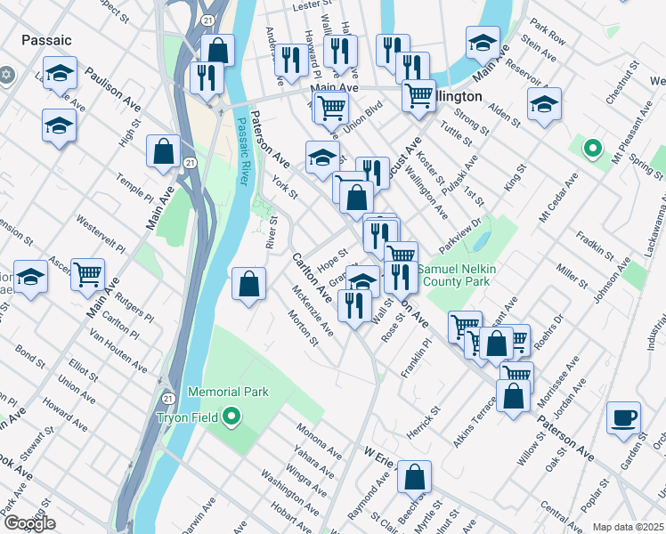 map of restaurants, bars, coffee shops, grocery stores, and more near 41 Grant Street in East Rutherford