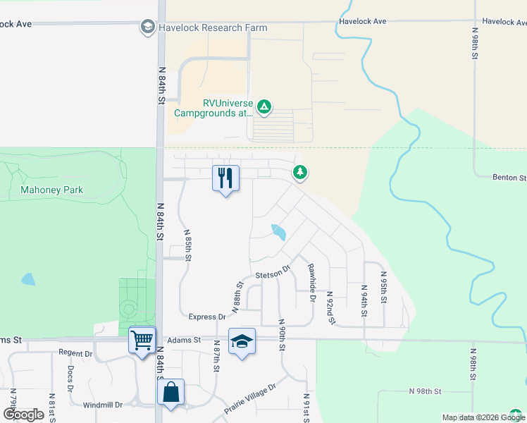 map of restaurants, bars, coffee shops, grocery stores, and more near 3442 North 89th Street in Lincoln