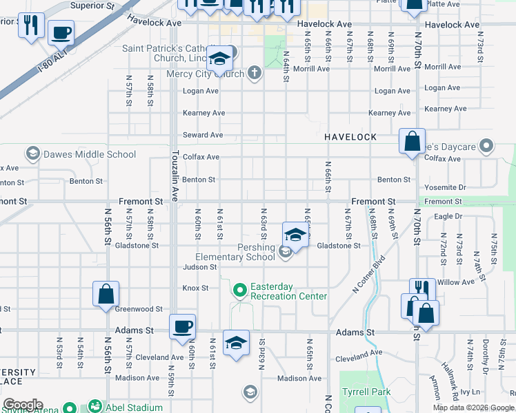 map of restaurants, bars, coffee shops, grocery stores, and more near 3505 North 63rd Street in Lincoln