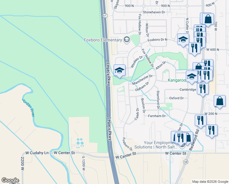 map of restaurants, bars, coffee shops, grocery stores, and more near 725 Buckingham Drive in North Salt Lake