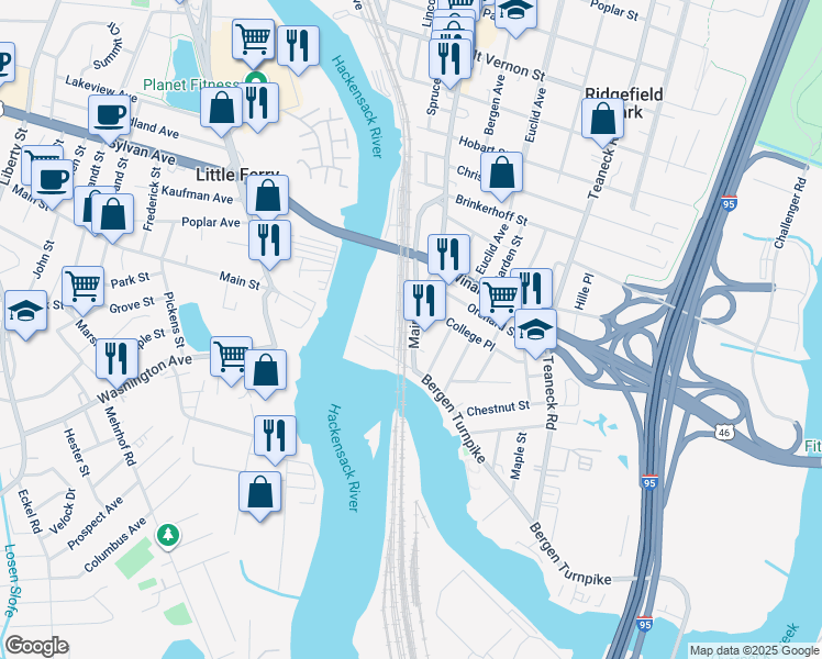 map of restaurants, bars, coffee shops, grocery stores, and more near 2 Main Street in Ridgefield Park