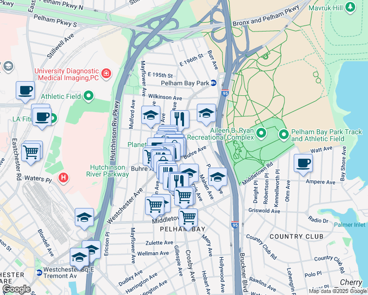 map of restaurants, bars, coffee shops, grocery stores, and more near 1813 Mahan Avenue in Bronx