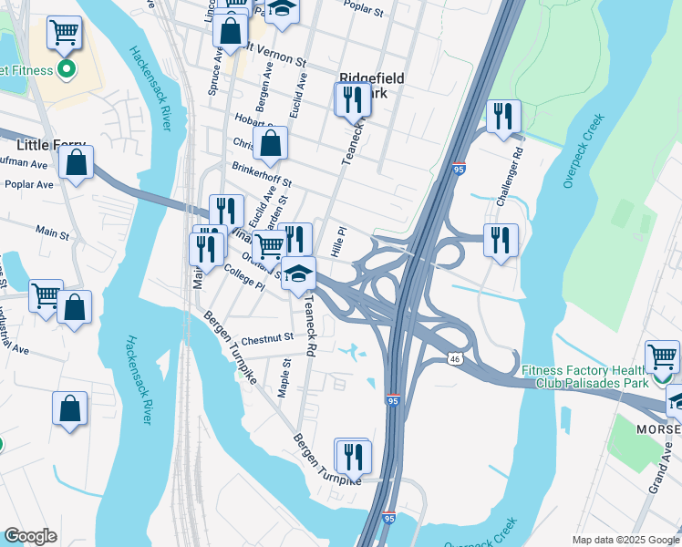 map of restaurants, bars, coffee shops, grocery stores, and more near 17 Hille Place in Ridgefield Park