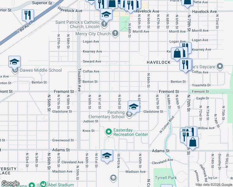 map of restaurants, bars, coffee shops, grocery stores, and more near 3505 North 63rd Street in Lincoln