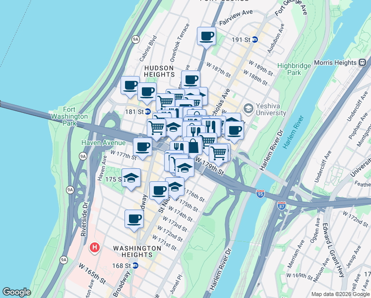 map of restaurants, bars, coffee shops, grocery stores, and more near in New York