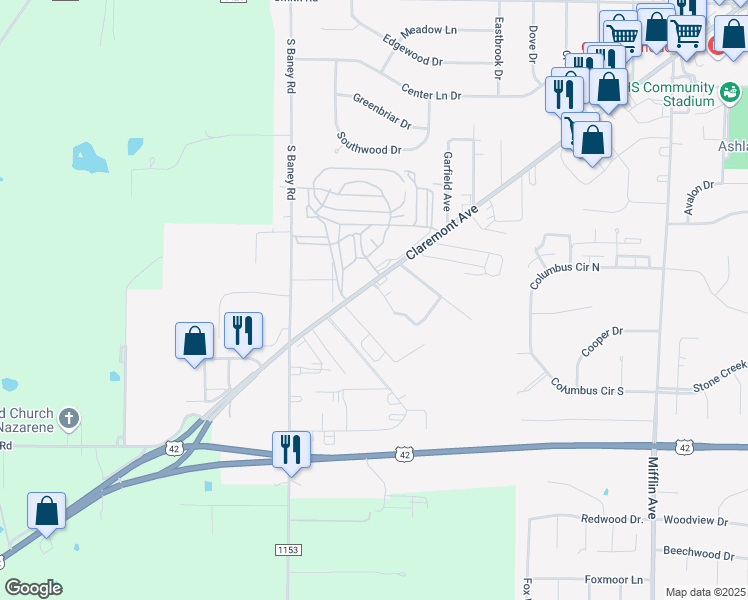 map of restaurants, bars, coffee shops, grocery stores, and more near 2041 Claremont Avenue in Ashland