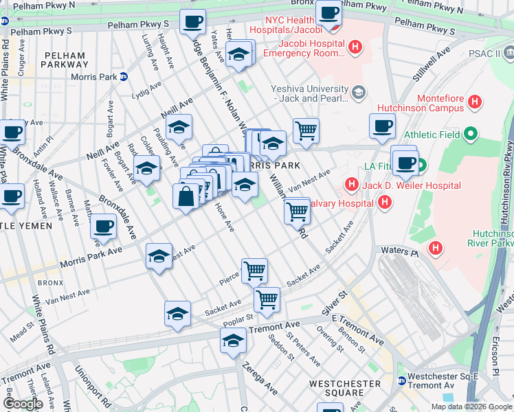 map of restaurants, bars, coffee shops, grocery stores, and more near 1074 Van Nest Avenue in Bronx