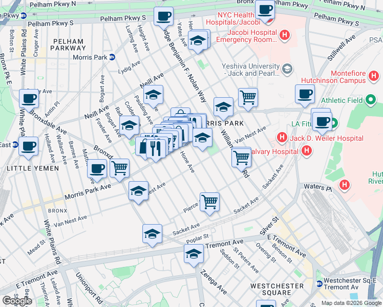 map of restaurants, bars, coffee shops, grocery stores, and more near 1717 Hone Avenue in Bronx