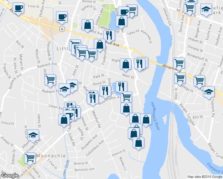 map of restaurants, bars, coffee shops, grocery stores, and more near Pickens Street & Maple Street in Little Ferry