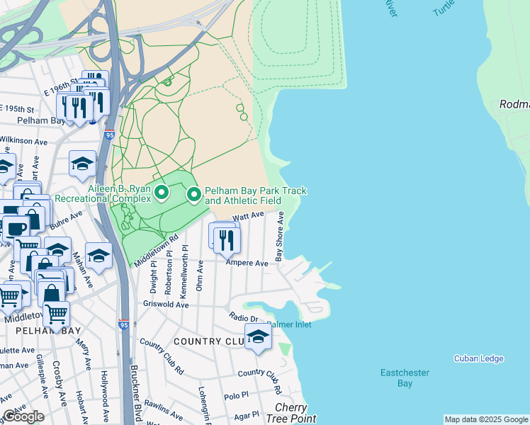 map of restaurants, bars, coffee shops, grocery stores, and more near 2885 Bayview Avenue in The Bronx