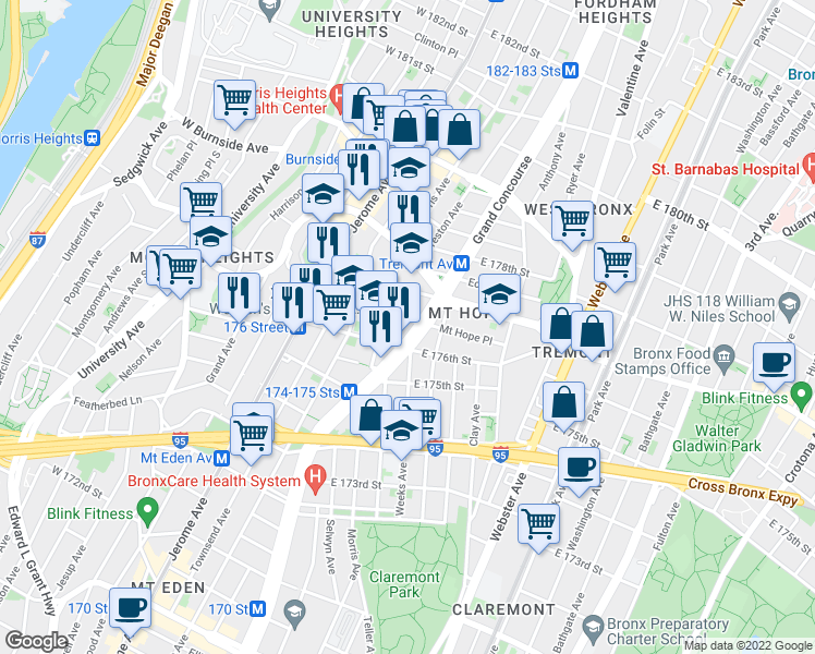 map of restaurants, bars, coffee shops, grocery stores, and more near 149 East 176th Street in Bronx