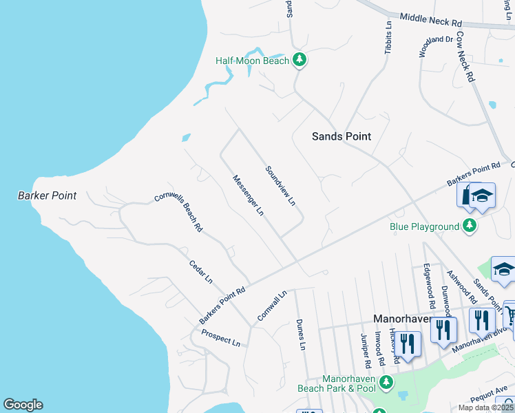 map of restaurants, bars, coffee shops, grocery stores, and more near Messenger Lane in Sands Point