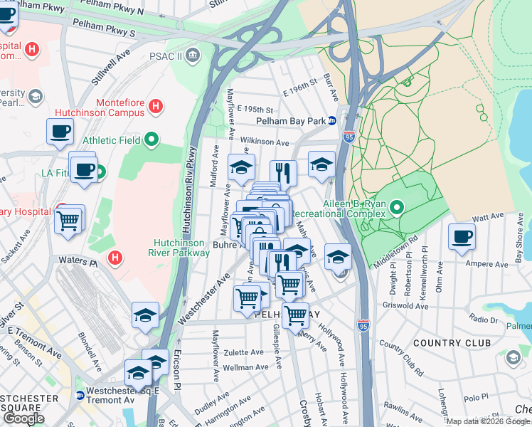 map of restaurants, bars, coffee shops, grocery stores, and more near 1827 Hobart Avenue in The Bronx
