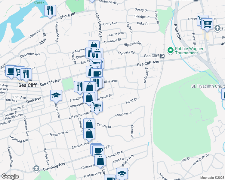 map of restaurants, bars, coffee shops, grocery stores, and more near Gaffney Street in Glen Cove