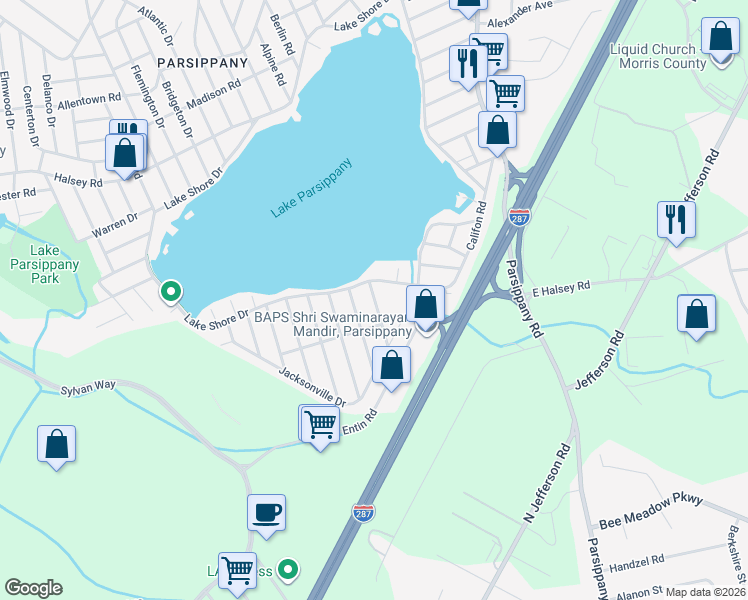 map of restaurants, bars, coffee shops, grocery stores, and more near 25 Deerfield Road in Parsippany-Troy Hills