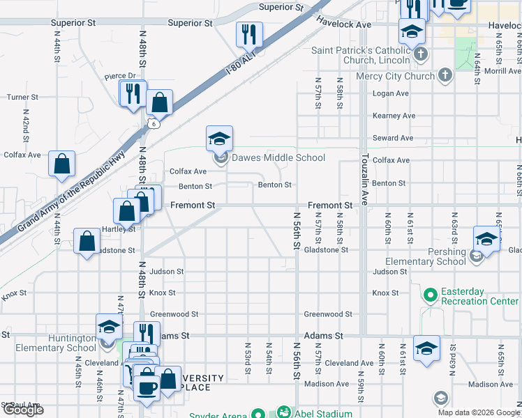map of restaurants, bars, coffee shops, grocery stores, and more near 3530 Richmond Road in Lincoln