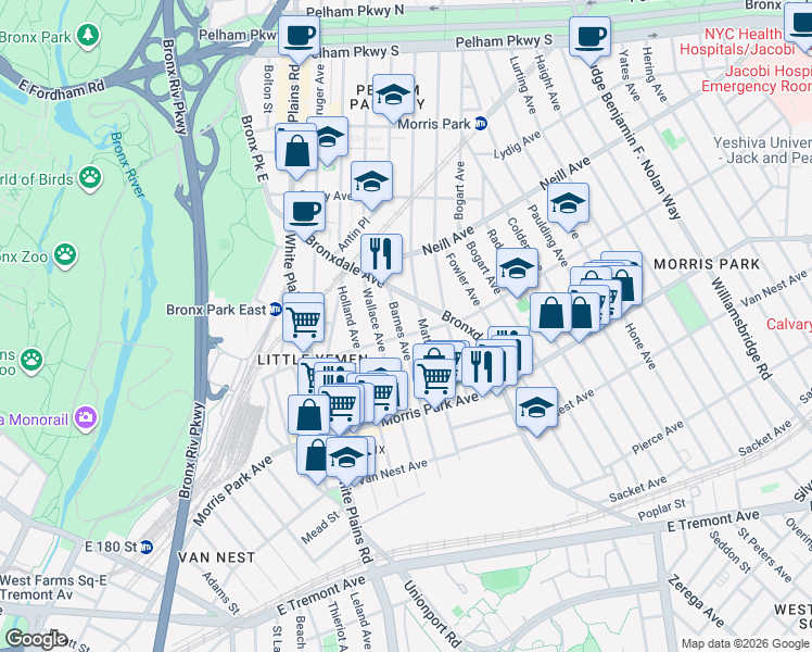 map of restaurants, bars, coffee shops, grocery stores, and more near 1868 Barnes Avenue in Bronx