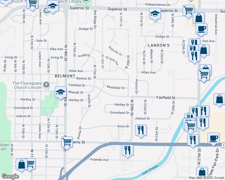 map of restaurants, bars, coffee shops, grocery stores, and more near 1840 Fairfield Street in Lincoln