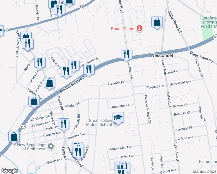 map of restaurants, bars, coffee shops, grocery stores, and more near 5 Summit Drive in Smithtown