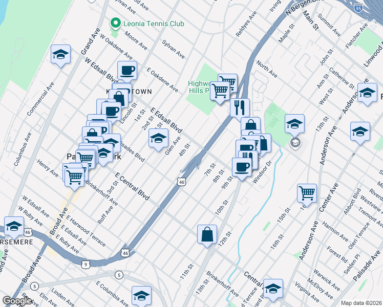map of restaurants, bars, coffee shops, grocery stores, and more near 453B 5th Street in Palisades Park