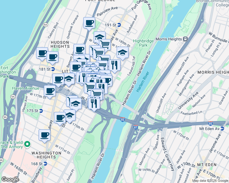 map of restaurants, bars, coffee shops, grocery stores, and more near 297 Washington Bridge in New York