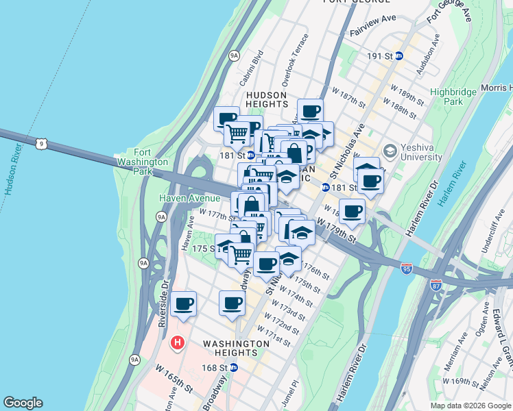 map of restaurants, bars, coffee shops, grocery stores, and more near West 178th Street in New York