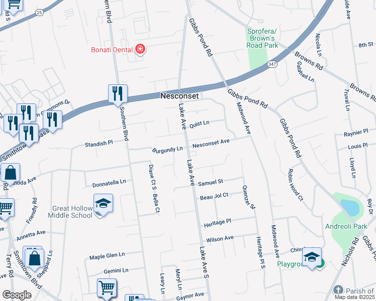 map of restaurants, bars, coffee shops, grocery stores, and more near 228 Lake Avenue South in Nesconset