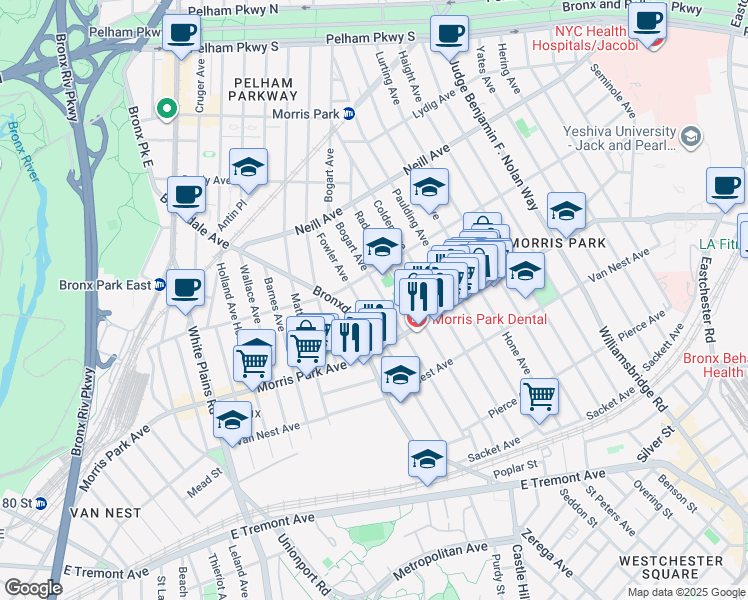 map of restaurants, bars, coffee shops, grocery stores, and more near 1821 Bogart Avenue in Bronx