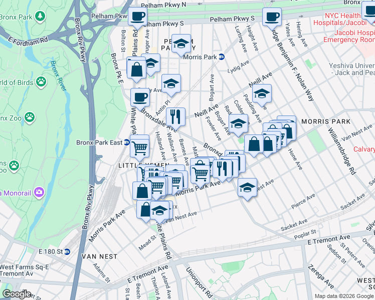 map of restaurants, bars, coffee shops, grocery stores, and more near 1868 Barnes Avenue in Bronx