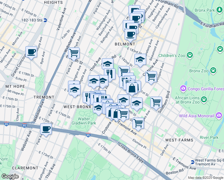 map of restaurants, bars, coffee shops, grocery stores, and more near 2023 Hughes Avenue in Bronx