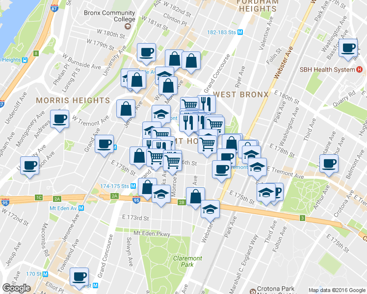 map of restaurants, bars, coffee shops, grocery stores, and more near 232 Mount Hope Place in Bronx