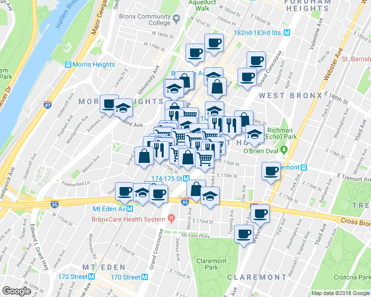 map of restaurants, bars, coffee shops, grocery stores, and more near 1790 Walton Avenue in Bronx