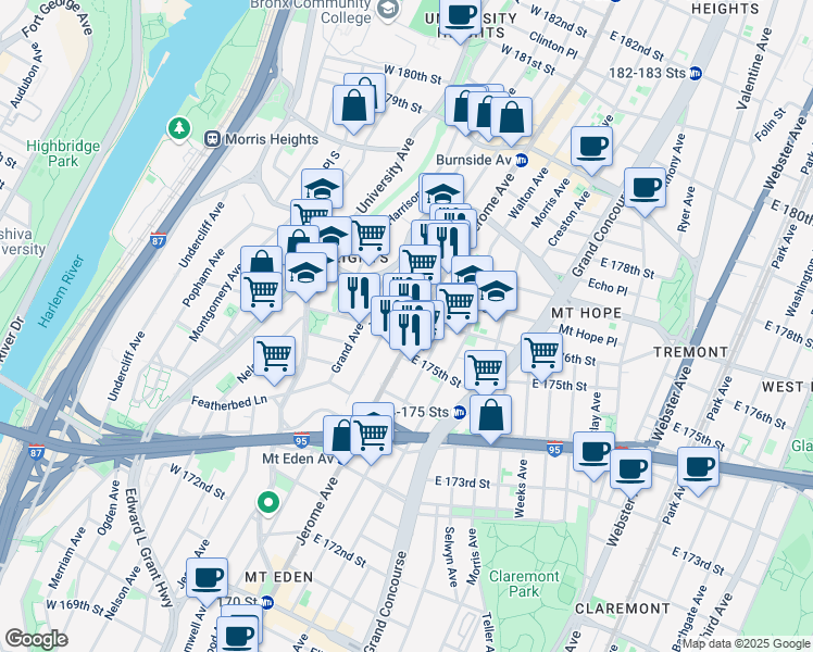 map of restaurants, bars, coffee shops, grocery stores, and more near 1749 Jerome Avenue in The Bronx