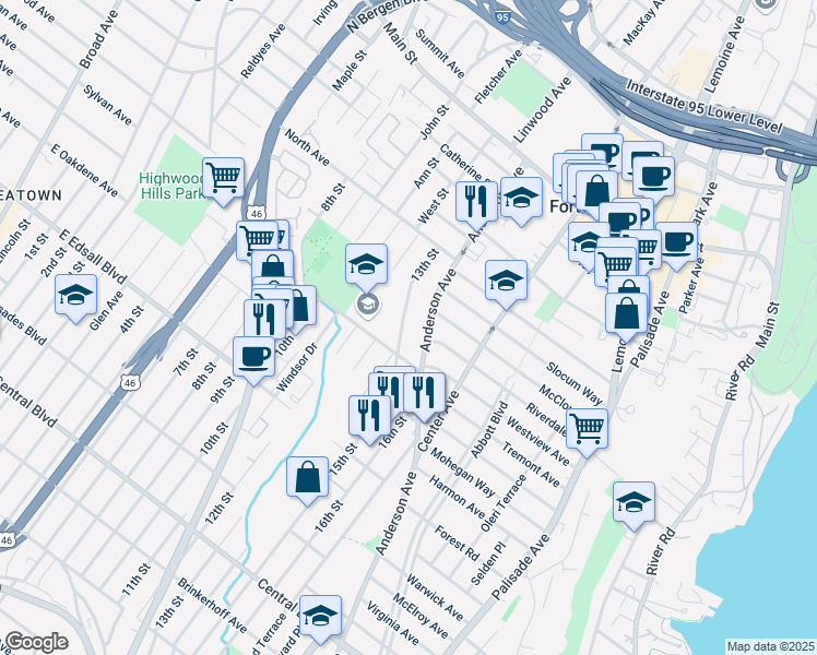 map of restaurants, bars, coffee shops, grocery stores, and more near 1471 Anderson Avenue in Fort Lee