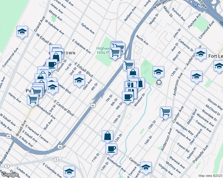 map of restaurants, bars, coffee shops, grocery stores, and more near 230 East Edsall Boulevard in Palisades Park