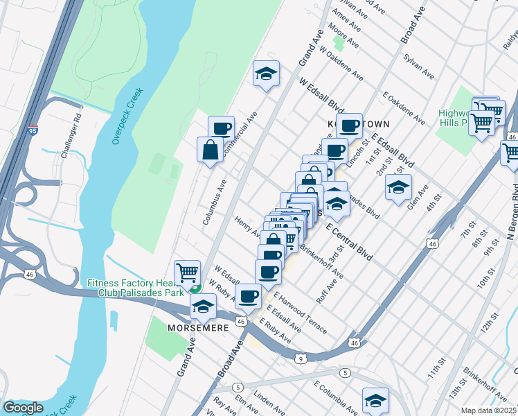 map of restaurants, bars, coffee shops, grocery stores, and more near 60 Brinkerhoff Terrace in Palisades Park