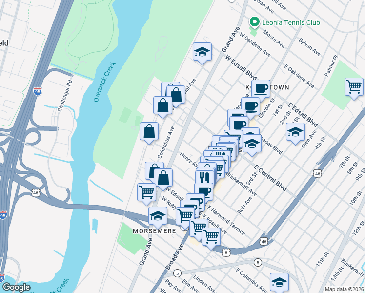 map of restaurants, bars, coffee shops, grocery stores, and more near 90 Henry Avenue in Palisades Park