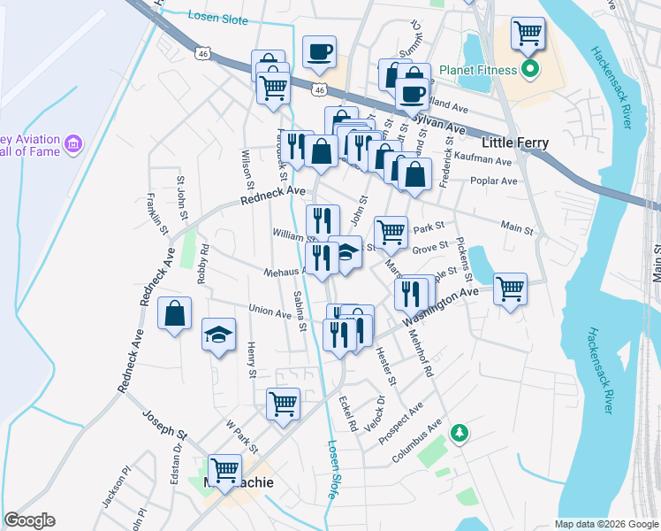 map of restaurants, bars, coffee shops, grocery stores, and more near 135 Liberty Street in Little Ferry