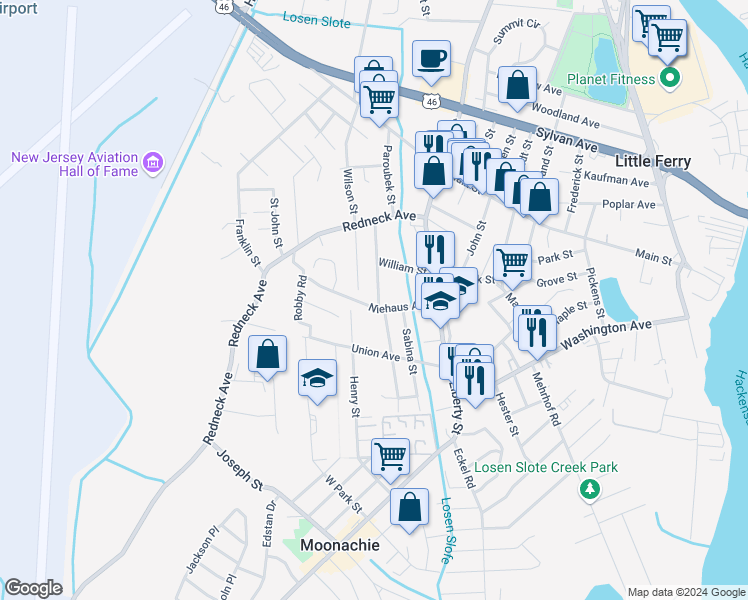 map of restaurants, bars, coffee shops, grocery stores, and more near 57 Niehaus Avenue in Little Ferry