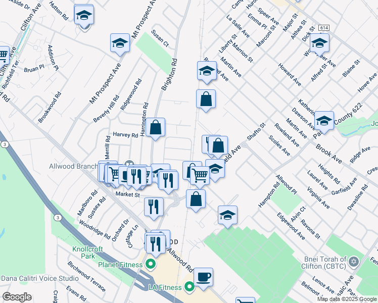 map of restaurants, bars, coffee shops, grocery stores, and more near 107 Mayer Drive in Clifton