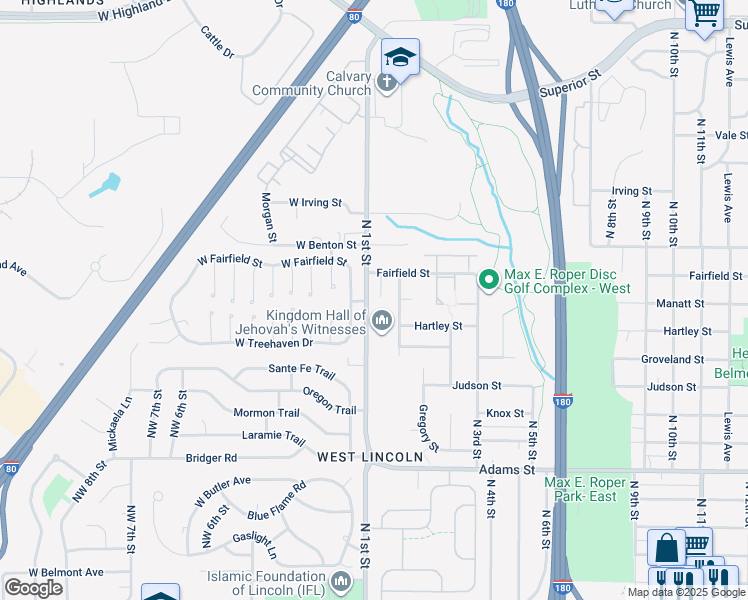 map of restaurants, bars, coffee shops, grocery stores, and more near 3636 North 1st Street in Lincoln