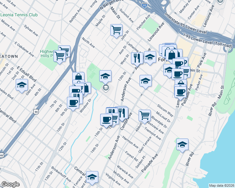map of restaurants, bars, coffee shops, grocery stores, and more near 1471 Anderson Avenue in Fort Lee