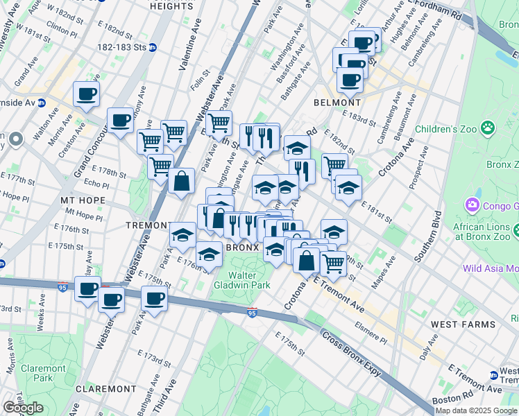 map of restaurants, bars, coffee shops, grocery stores, and more near Monterey Avenue in The Bronx