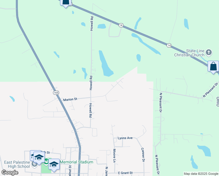 map of restaurants, bars, coffee shops, grocery stores, and more near 115 Concord Drive in East Palestine