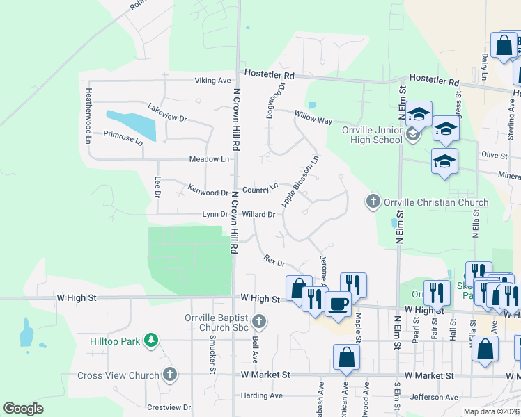 map of restaurants, bars, coffee shops, grocery stores, and more near 1577 Rex Drive in Orrville